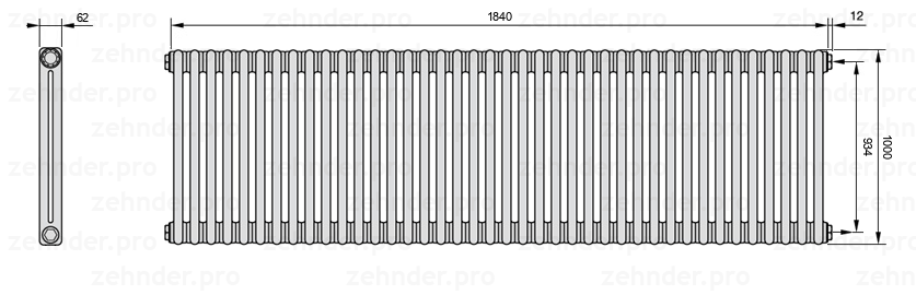 Схема (чертеж) Радиатор Zehnder Charleston 2100/40 №7610 Белый глянцевый RAL 9016